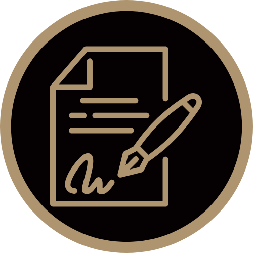 Diseño gráfico de un documento con un bolígrafo, simbolizando la firma de un contrato o acuerdo.